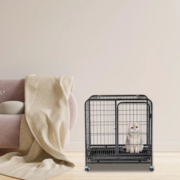 26 Inch Durable Cat Cage,Thickened Metal Wire Cat Enclosure Indoor with Double Doors, Lockable Wheels and Slide-out Trays, Black