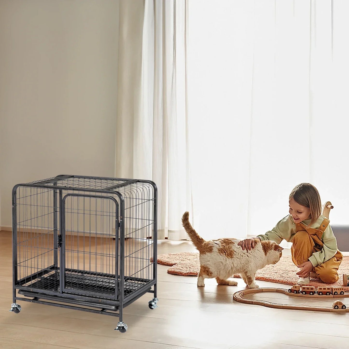 26 Inch Durable Cat Cage,Thickened Metal Wire Cat Enclosure Indoor with Double Doors, Lockable Wheels and Slide-out Trays, Black