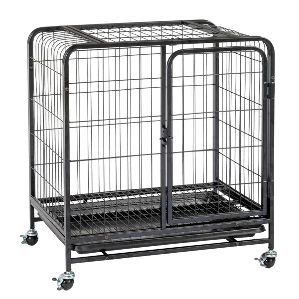 26 Inch Durable Cat Cage,Thickened Metal Wire Cat Enclosure Indoor with Double Doors, Lockable Wheels and Slide-out Trays, Black