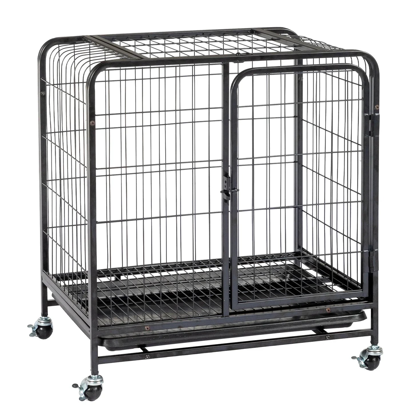 26 Inch Durable Cat Cage,Thickened Metal Wire Cat Enclosure Indoor with Double Doors, Lockable Wheels and Slide-out Trays, Black