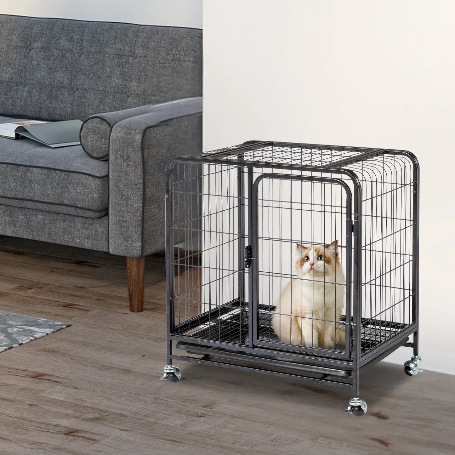 26 Inch Durable Cat Cage,Thickened Metal Wire Cat Enclosure Indoor with Double Doors, Lockable Wheels and Slide-out Trays, Black