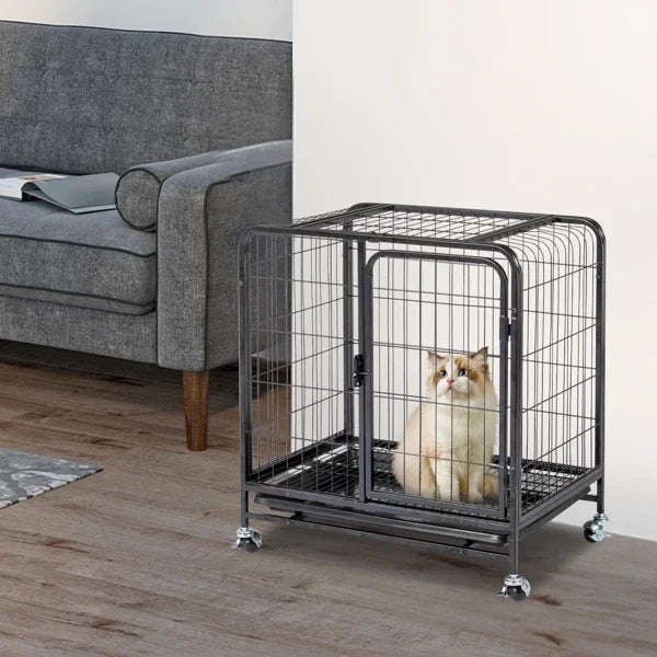 26 Inch Durable Cat Cage,Thickened Metal Wire Cat Enclosure Indoor with Double Doors, Lockable Wheels and Slide-out Trays, Black