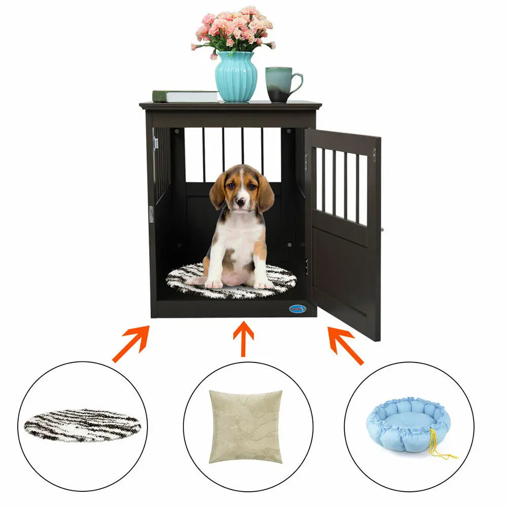 Wooden Dog Crate Kennel Cage Bed Night Stand End Table Wood Furniture Brown New