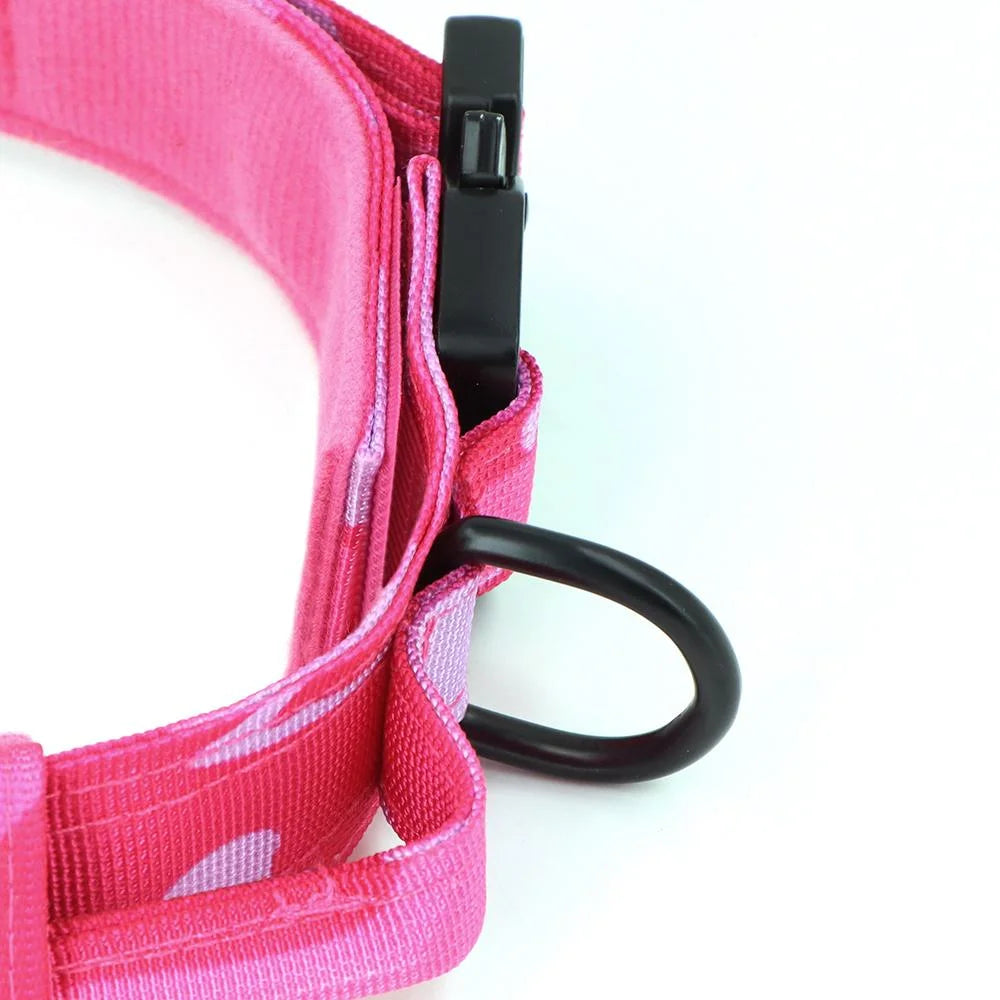 Pink Camouflage Tactical Dog Collar with Handle – Adjustable Heavy Duty Military Collar with 2 Patches, Suitable for Training