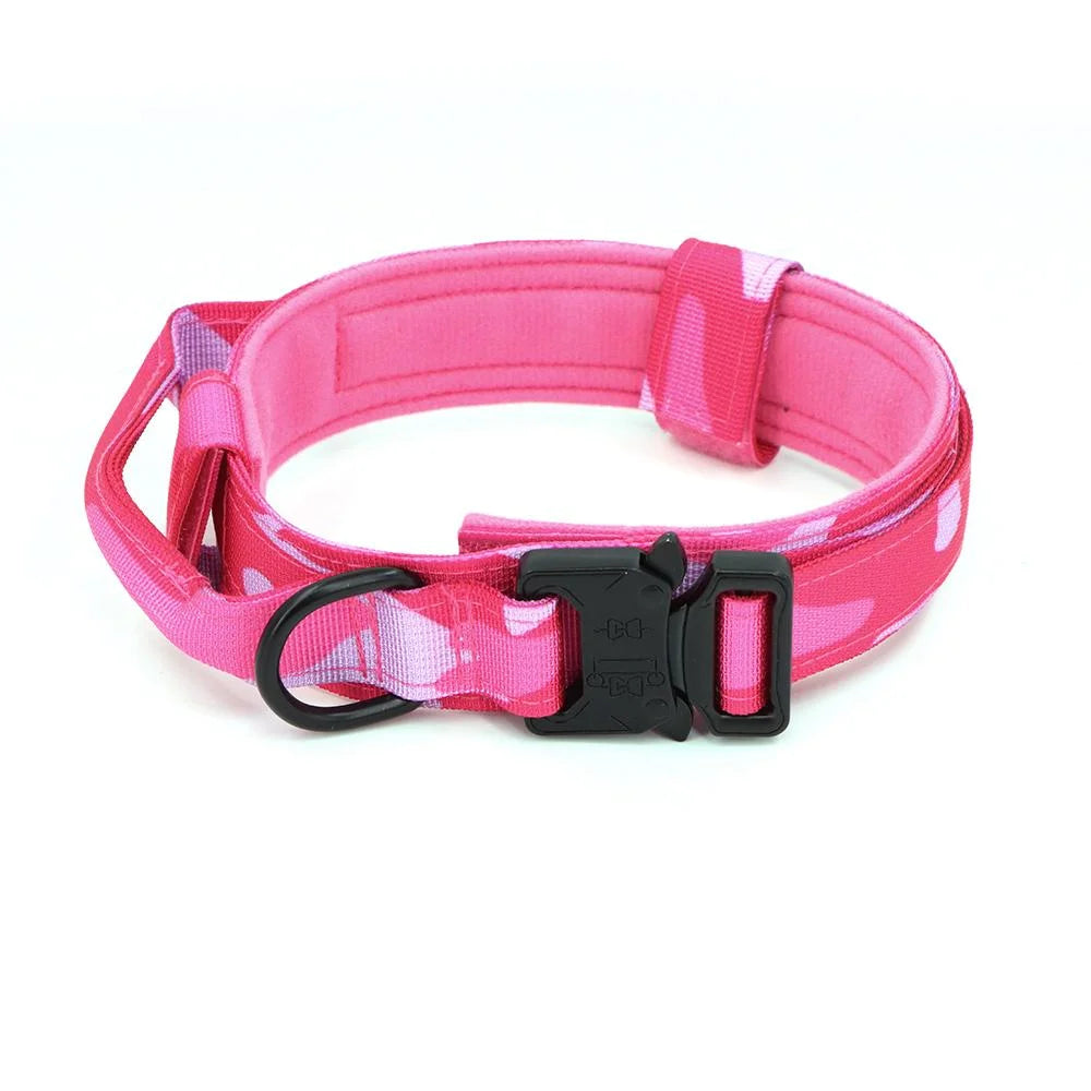Pink Camouflage Tactical Dog Collar with Handle – Adjustable Heavy Duty Military Collar with 2 Patches, Suitable for Training