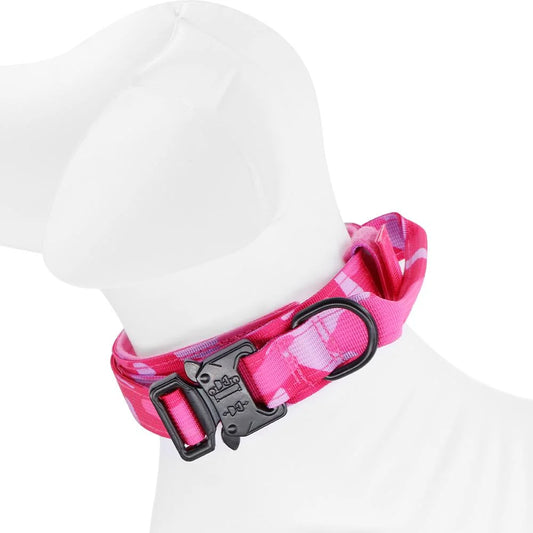 Pink Camouflage Tactical Dog Collar with Handle – Adjustable Heavy Duty Military Collar with 2 Patches, Suitable for Training