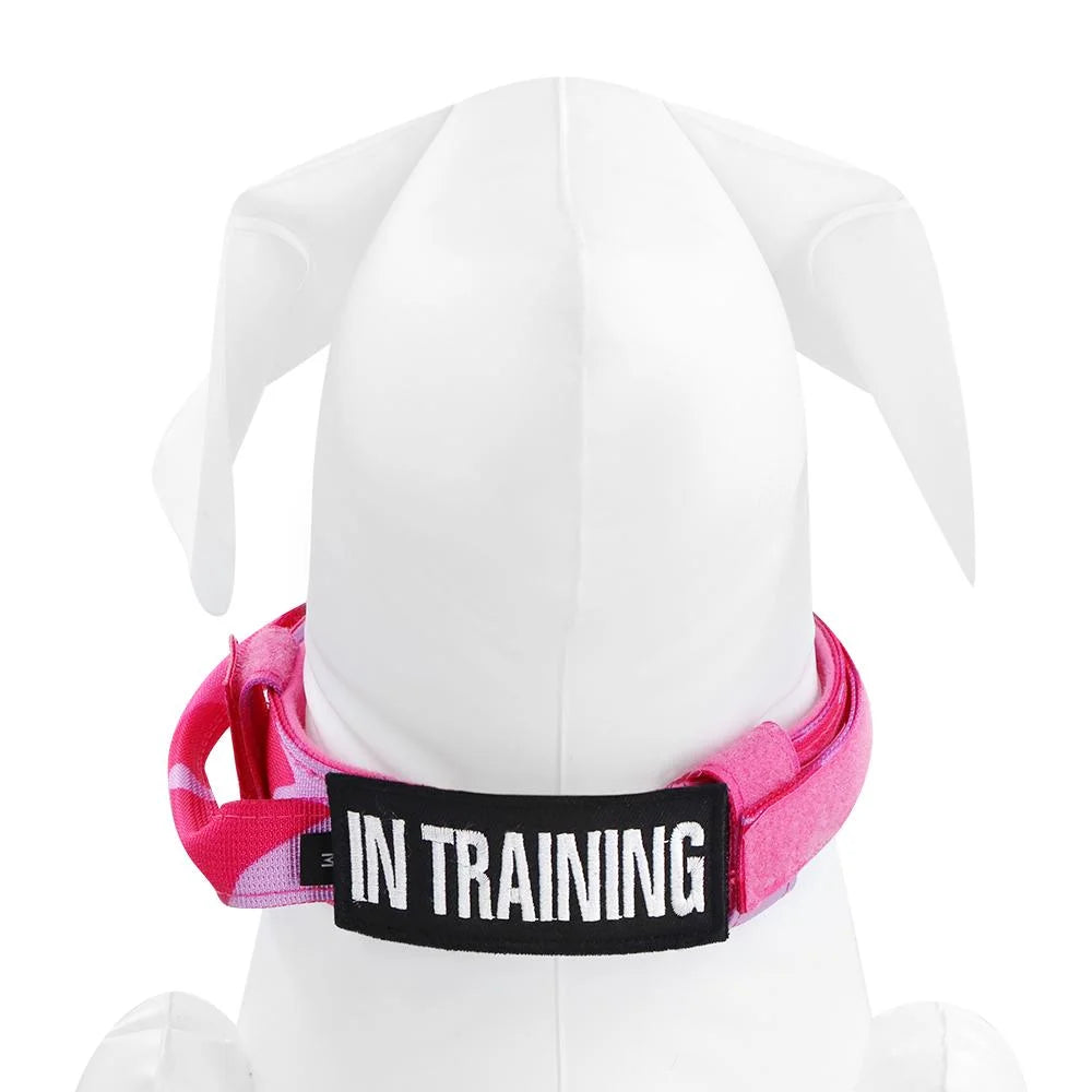 Pink Camouflage Tactical Dog Collar with Handle – Adjustable Heavy Duty Military Collar with 2 Patches, Suitable for Training